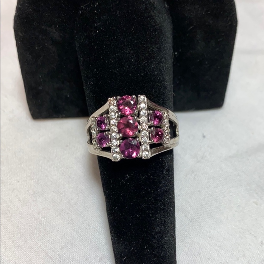 Raspberry Color Rhodolite & White Zircon Ring - image 2